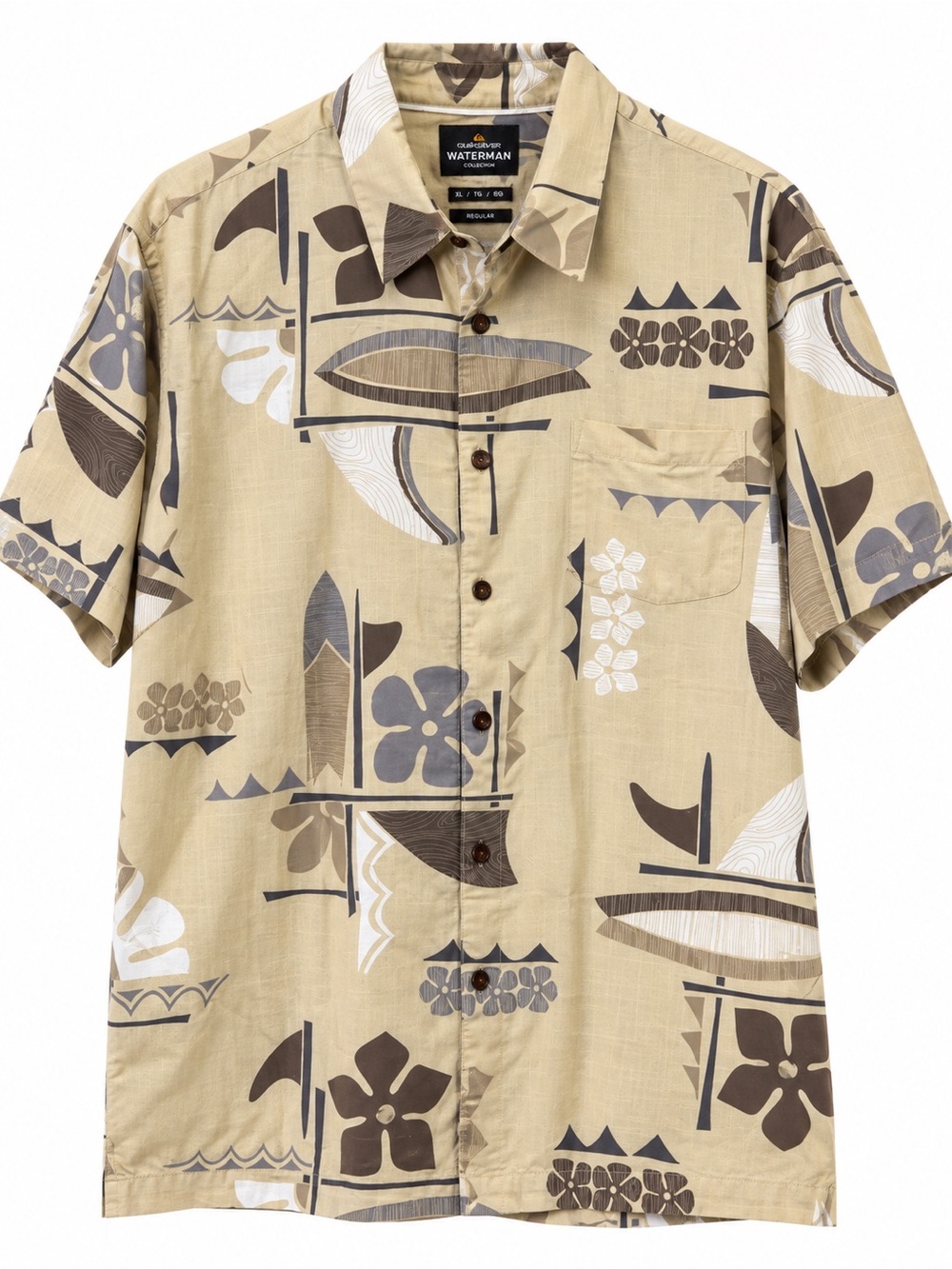 NWT Quiksilver Waterman Legends Men's XL Hawaiian Shirt Beige Tropical Button Up